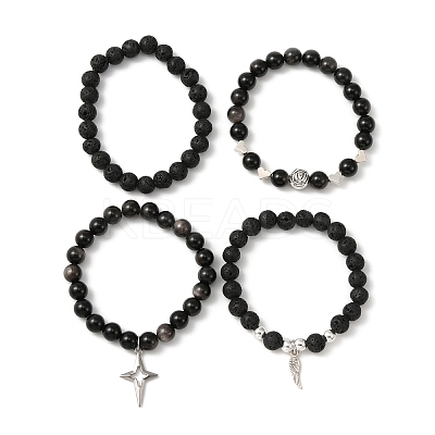 4Pcs 4 Style Natural Silver Obsidian & Lava Rock Stretch Bracelets Set BJEW-JB09480-1