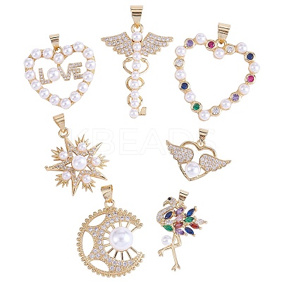 7Pcs 7 Styles Rack Plating Brass Micro Pave Cubic Zirconia Pendants ZIRC-SZ0004-86-1