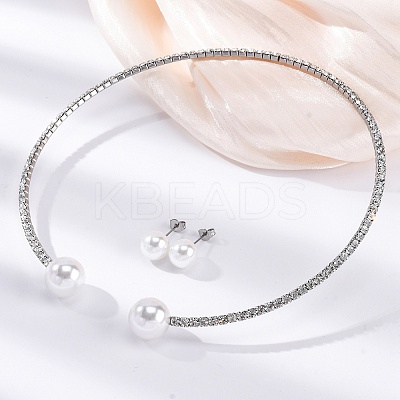 Round Plastic Imitation Pearl Stud Earrings & Rhinestone Cuff Choker Necklaces Sets SJEW-U003-04P-1