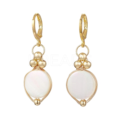 Flat Round Natural White Shell & Brass Leverback Earrings EJEW-JE06897-1