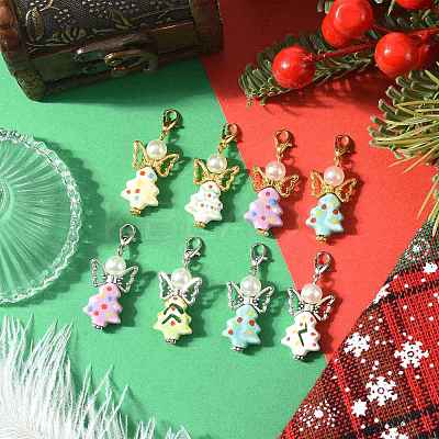7Pcs 7 Colors Christmas Tree Handmade Porcelain & ABS Plastic Imitation Pearl Angel Pendant Decorations HJEW-FS00082-1