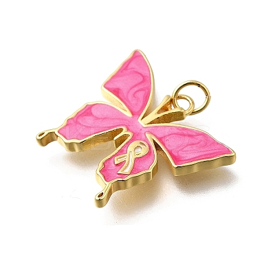 October Breast Cancer Pink Awareness Ribbon Brass Enamel Pendants LS-KK-G525-10G-01-1