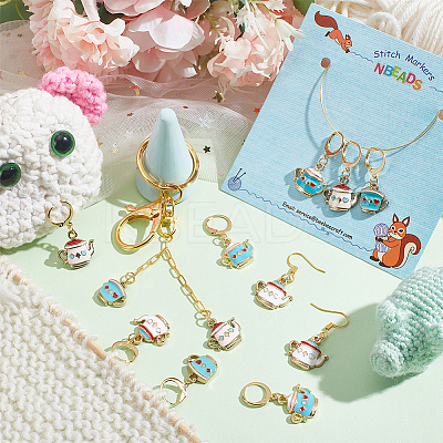 12Pcs 4 Style Alloy Enamel Teapot & Cup Charm Locking Stitch Markers HJEW-PH01674-1