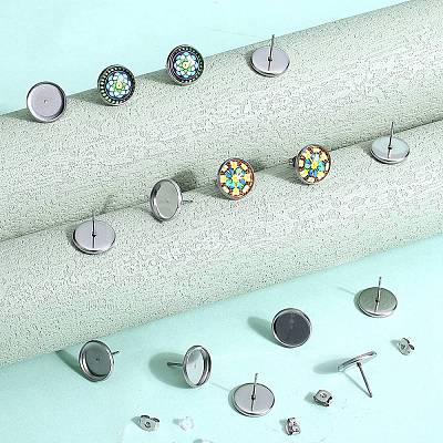 100Pcs Flat Round Stainless Steel Stud Earring Settings STAS-SP0001-61D-P-1