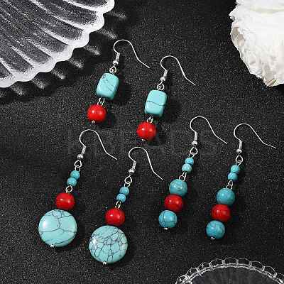 3 Pairs Brass Synthetic Turquoise Dangle Earrings EJEW-JE06589-1