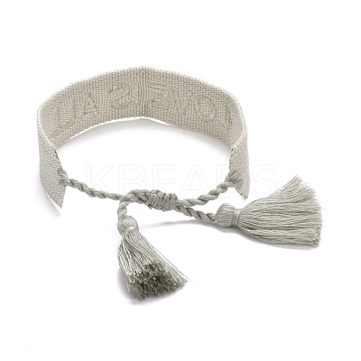Word Love Is All Polycotton(Polyester Cotton) Braided Bracelet with Tassel Charm BJEW-F429-05-1