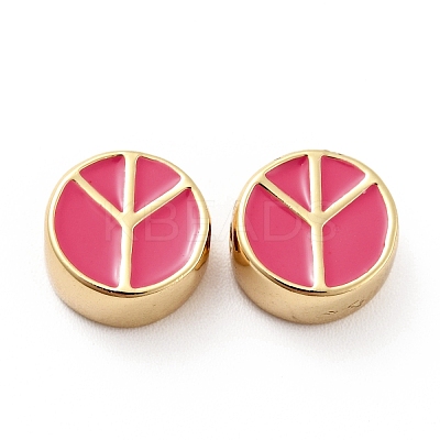 Flat Round with Peace Sign Brass Enamel Beads KK-G419-05G-1