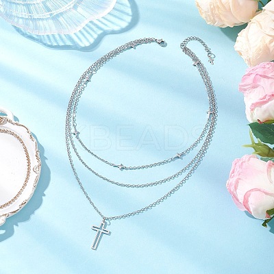 304 Stainless Steel Religion Cross Pendant 3 Layer Necklaces for Women NJEW-JN05480-1