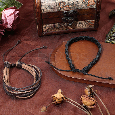 2Pcs 2 Styles Adjustable Cowhide Leather Cord Braided Bracelets BJEW-CL0001-16-1