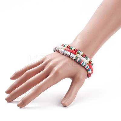 3Pcs 3 Style Polymer Clay Heishi Surfer Stretch Bracelets Set with Word Jolly Acrylic Beads BJEW-TA00129-1
