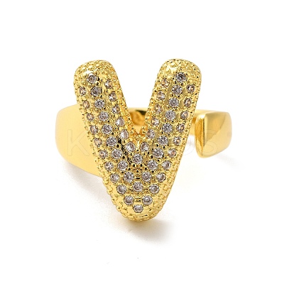 Letter Brass Micro Pave Clear Cubic Zirconia Open Cuff Ring for Women RJEW-N046-03V-G-1