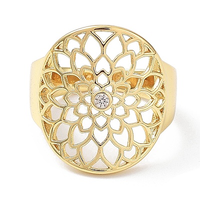 Rack Plating Brass Hollow Flower Open Cuff Ring with Cubic Zirconia RJEW-B044-20G-1