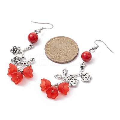 Natural Dyed Mashan Jade Flower with Acrylic Beaded Dangle Earrings EJEW-JE05419-02-1