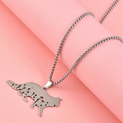 201 Stainless Steel Hollow Cat Shaped Pendant Box Chain Necklaces NJEW-M086-06P-1