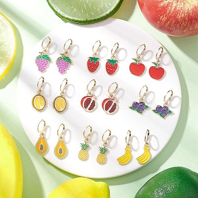 9 Pairs 9 Styles Alloy Enamel Banana Strawberry Grapes Fruit Dangle Leverback Earrings EJEW-JE06557-1