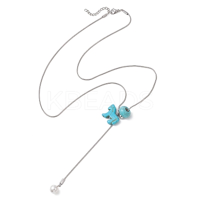 Dyed Synthetic Turquoise Horse with Shell Pearl Beads Pendant Necklaces NJEW-JN05895-01-1