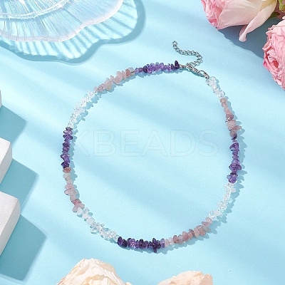 Natural Rose Quartz & Quartz Crystal & Amethyst Chip Beaded Necklaces NJEW-JN05099-04-1
