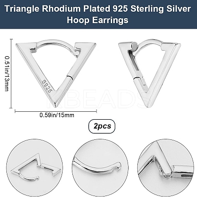 1 Pair Triangle Rhodium Plated 925 Sterling Silver Hoop Earrings EJEW-BBC0001-31-1