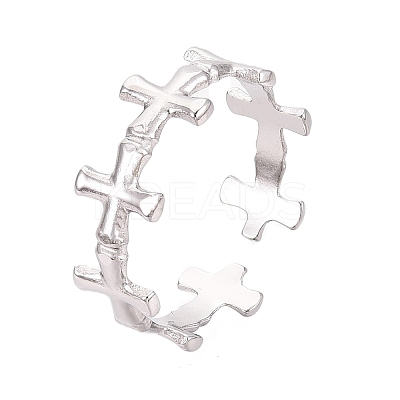 Non-Tarnish 304 Stainless Steel Cross Open Cuff Ring for Women RJEW-K245-26P-1