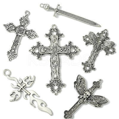 6Pcs 6 Styles Tibetan Style Alloy Cross Pendants FIND-FS0002-57-1
