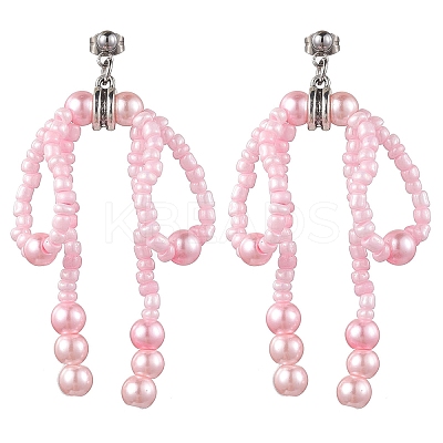 Glass Seed & Imitation Pearl Bowknot Dangle Stud Earrings EJEW-MZ00124-1