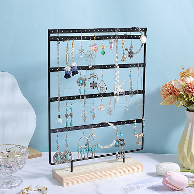 1 Set 5-Tier Rectangle Iron Jewelry Dangle Earring Organizer Holder with Wooden Base EDIS-SC0001-07A-1