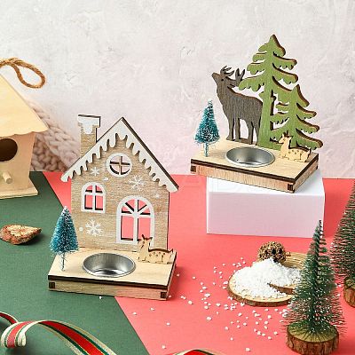 1 Set 2Pcs 2 Styles Christmas Wooden Candlestick Mixed Colors ST-CJ0040-002-1