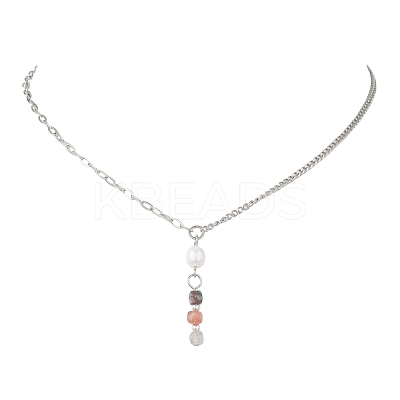 Natural & Synthetic Mixed Stone Faceted Cube & Rice Natural Pearl Beaded Pendant 304 Stainless Steel Cable Chain Twisted Chain Necklaces NJEW-JN05846-1