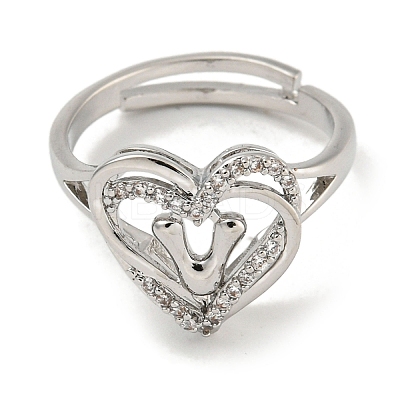 Heart with Letter Rack Plating Brass Micro Pave Clear Cubic Zirconia Adjustable Rings for Women RJEW-I105-01P-V-1