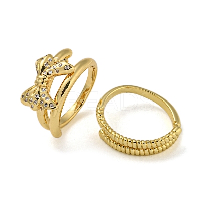 Bowknot Brass Micro Pave Clear Cubic Zirconia Double Rings RJEW-Z050-26G-1