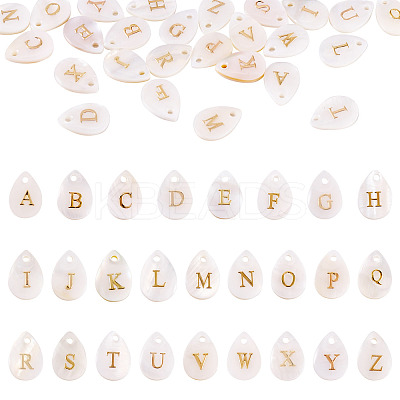 26Pcs 26 Styles Natural Shell Teardrop Charms with Golden Tone Metal Letter Slices SHEL-TAC0004-02-1