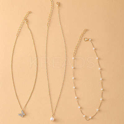 3Pcs Alloy with Plastic Pearl Butterfly Pendant Necklaces for Women WG0BA08-01-1