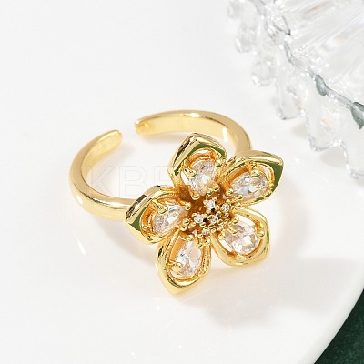 Flower Brass Micro Pave Clear Cubic Zirconia Cuff Rings RJEW-S633-02G-1