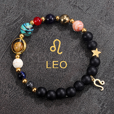 12 Zodiac Sign Natural Black Obsidian Round Beads & Synthetic Mixed Gemstone Beads Charm Bracelets for Men Women WG666A9-12-1