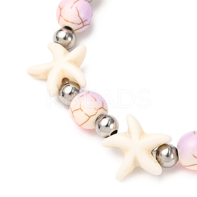 5Pcs Round & Starfish Synthetic Turquoise Beads & Brass Beads Stretch Bracelets Sets BJEW-JB12417-1