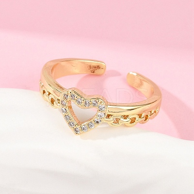 Heart Brass Micro Pave Clear Cubic Zirconia Open Cuff Rings for Women RJEW-G343-01G-1
