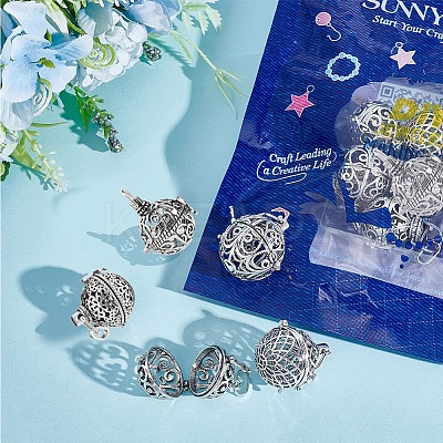 10Pcs 5 Styles Round Brass Hollow Cage Pendants KK-SC0003-07-1