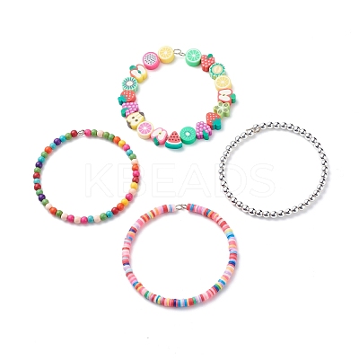 4Pcs 4 Style Handmade Polymer Clay Fruit & Synthetic Hematite & Turquoise(Dyed) Beaded Bracelets Set BJEW-JB08693-1
