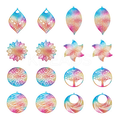 32Pcs 8 Style 430 Stainless Steel Filigree Pendants STAS-BY0001-10-1