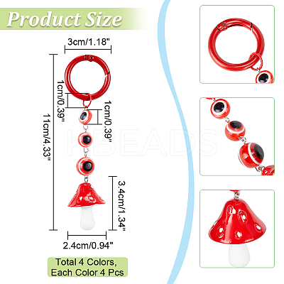 4Pcs 4 Colors Mushroom Resin Pendant Keychains KEYC-NB0001-60-1