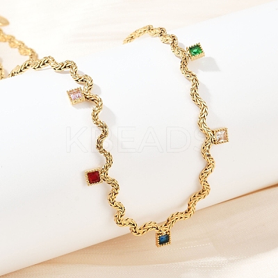 304 Stainless Steel Rope Chain Colorful Cubic Zirconia Tassel Necklaces for Women NJEW-V015-01G-B-1