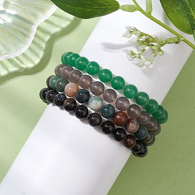 4Pcs Constellation 8mm Round Natural Gray Agate & Green Aventurine & Indian Agate & Black Onyx(Dyed & Heated) Beaded Stretch Bracelets for Women BJEW-JB10632-1