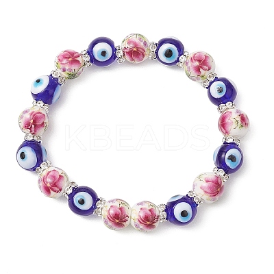 Handmade Flower Printed Porcelain Ceramic & Handmade Lampwork Evil Eye Beads Stretch Bracelets for Women BJEW-JB12105-02-1