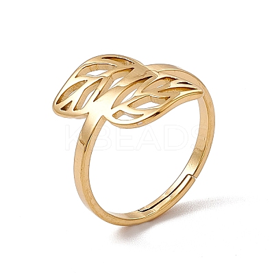 Ion Plating(IP) 201 Stainless Steel Hollow Out Leaf Adjustable Ring for Women RJEW-C045-05G-1