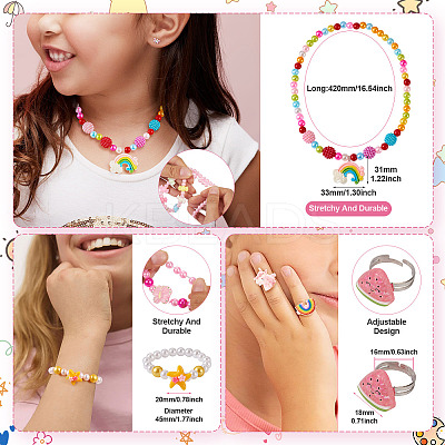 Flower & Shell & Watermelon & Rabbit Plastic Cuff & Adjustable Ring & Pendant Necklace & Stretch Bracelets SJEW-TA0001-02-1