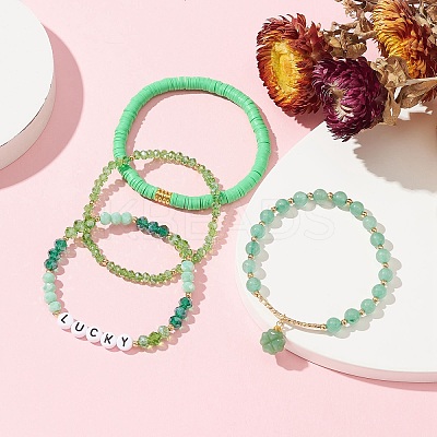 4Pcs 4 Style Glass & Polymer Clay Beaded Stretch Bracelets Set with Clover Charms BJEW-TA00305-1
