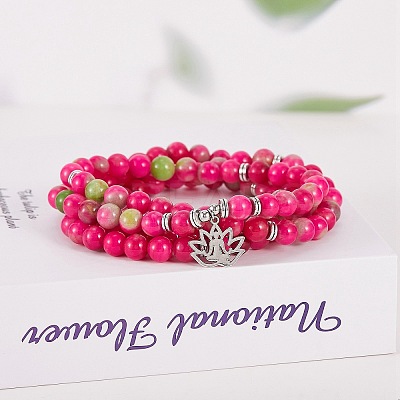 Natural White Jade Round Beaded Wrap Bracelet with Alloy Ohm/Aum Lotus AJEW-PH00503-02-1