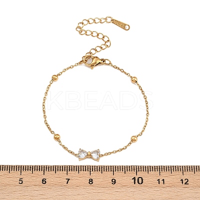 304 Stainless Steel Pave Clear Cubic Zirconia Bowknot Link Bracelets for Women BJEW-G759-10G-1