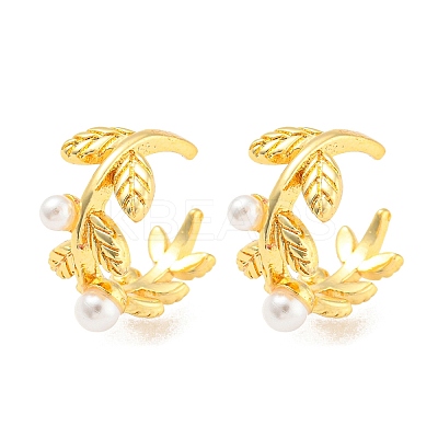 Rack Plating Brass Leaf Cuff Earrings with Plastic Pearl EJEW-A028-56G-1