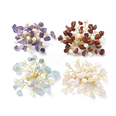 Natural Mixed Gemstone Chips & Pearl Beaded Flower Brooch Pin JEWB-BR00098-1